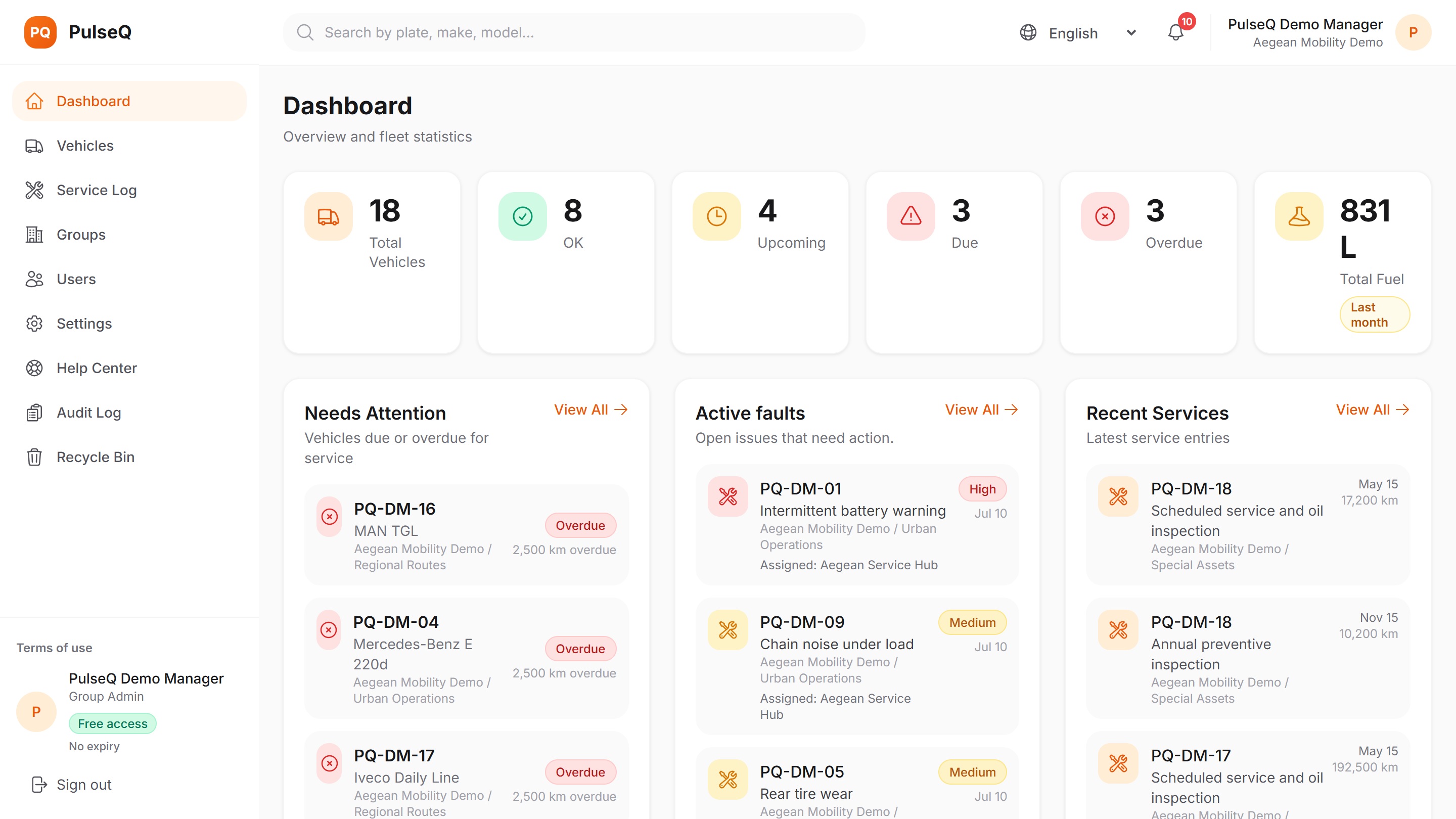 PulseQ-Flottendashboard mit synthetischen Demodaten ohne personenbezogene Angaben